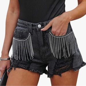 Black Denim Shorts with Rhinestone Fringe
